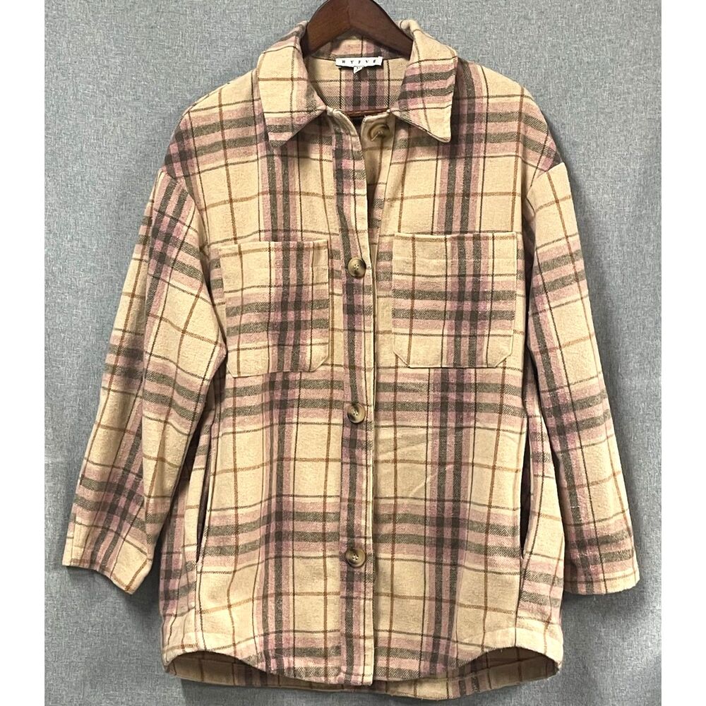 HYFVE Womens M Oversized Plaid Button Down Shirt Cream Pink Long Sleeve Shacket